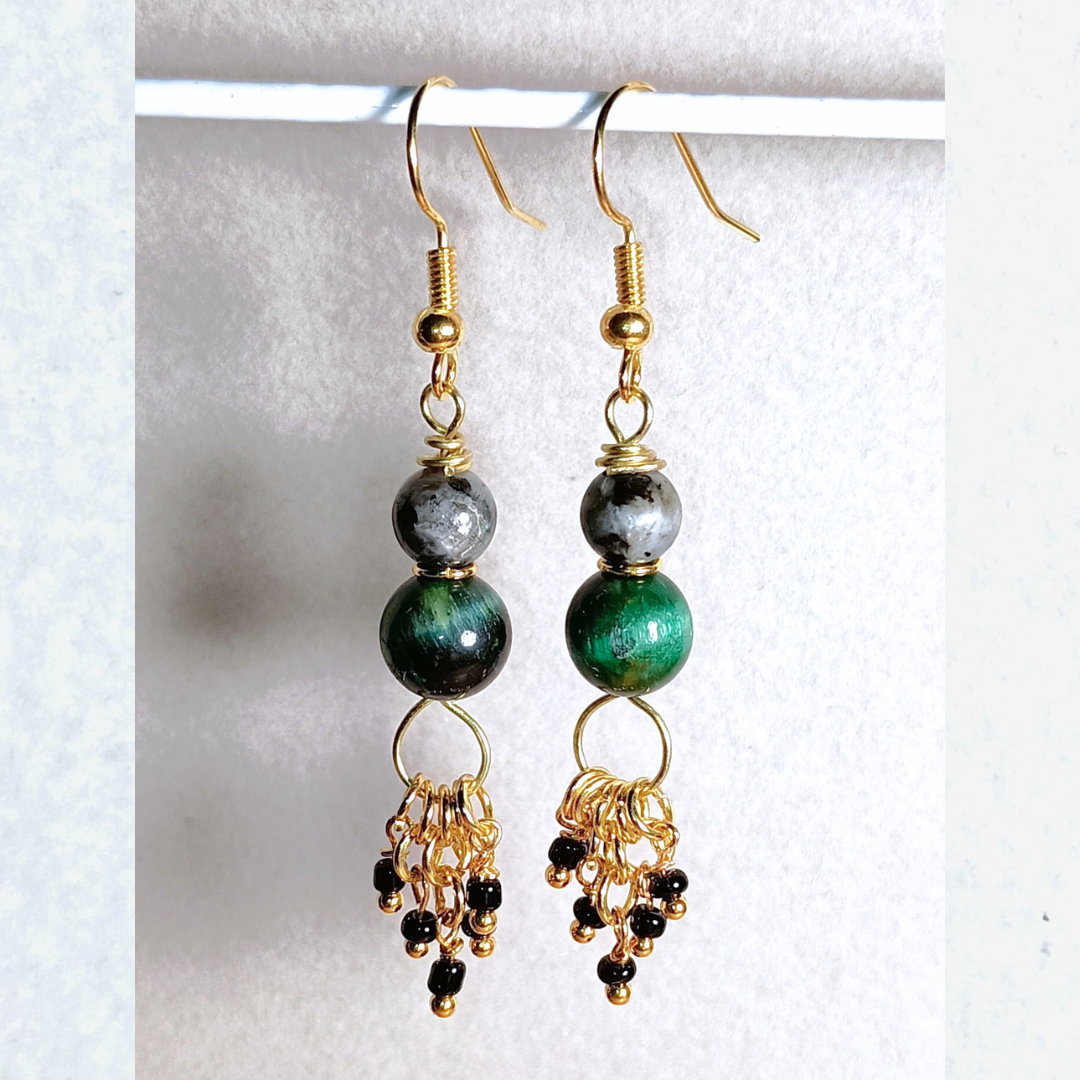 Flashing Labradorite & Green Tiger Eye Handcrafted Gold-Toned Dangler Earrings, Hang