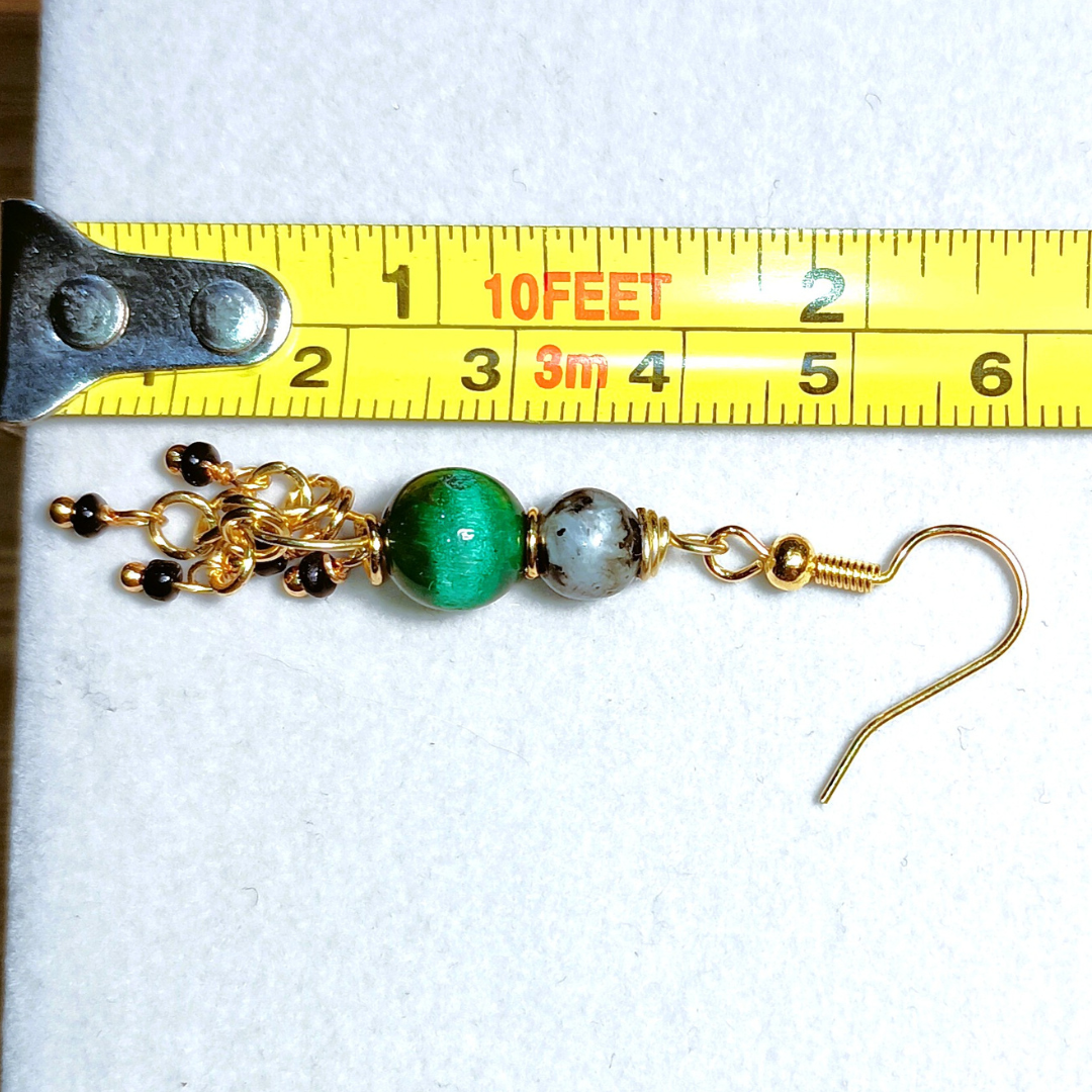 "Green Galaxy" Labradorite & Green Tiger Eye Handcrafted Gold-Toned Dangler Earrings - Image 4