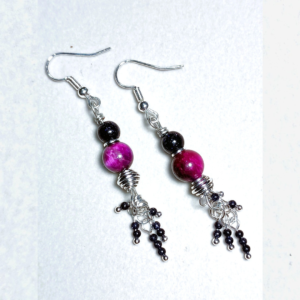 Magenta Tiger Eye & Sparkly Blue Goldstone Handcrafted Silver-Toned Dangler Earrings, Flat