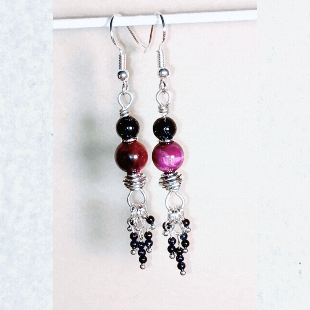 Magenta Tiger Eye & Sparkly Blue Goldstone Handcrafted Silver-Toned Dangler Earrings, GIF