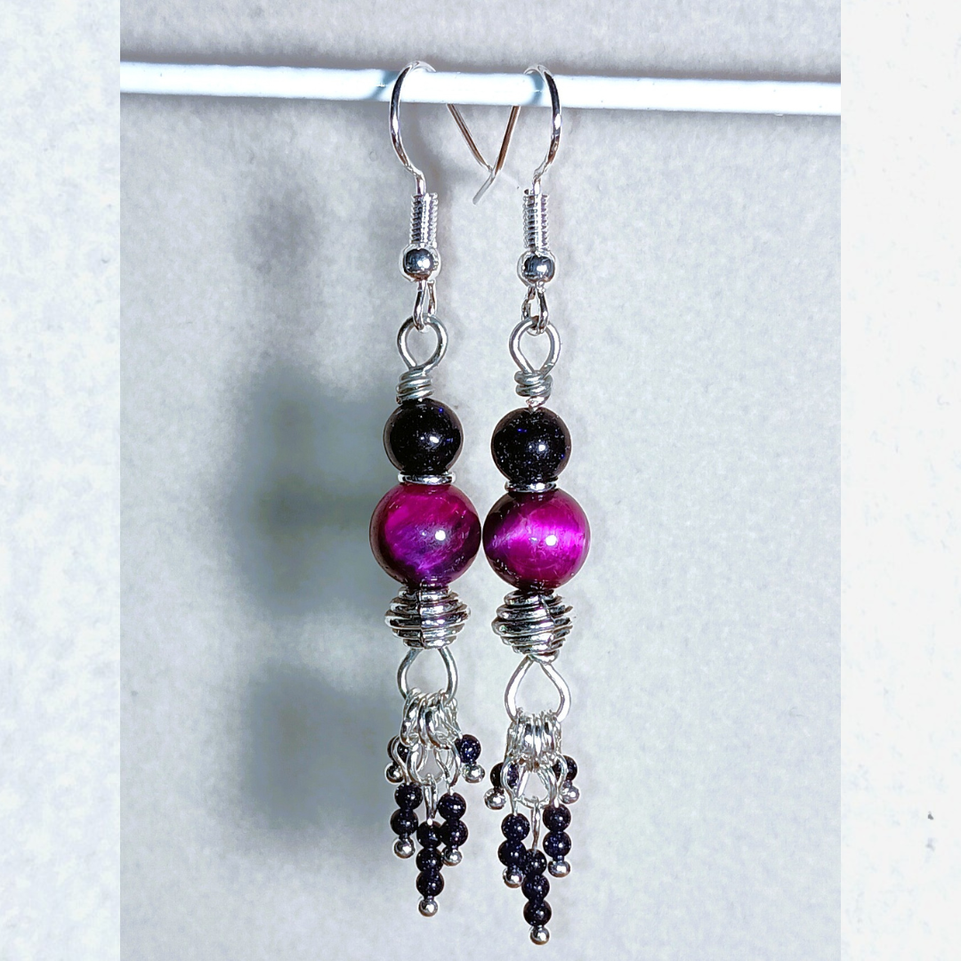 Magenta Tiger Eye & Sparkly Blue Goldstone Handcrafted Silver-Toned Dangler Earrings, Hang