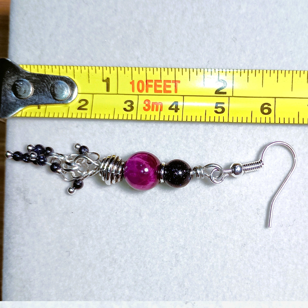 Magenta Tiger Eye & Sparkly Blue Goldstone Handcrafted Silver-Toned Dangler Earrings, Size