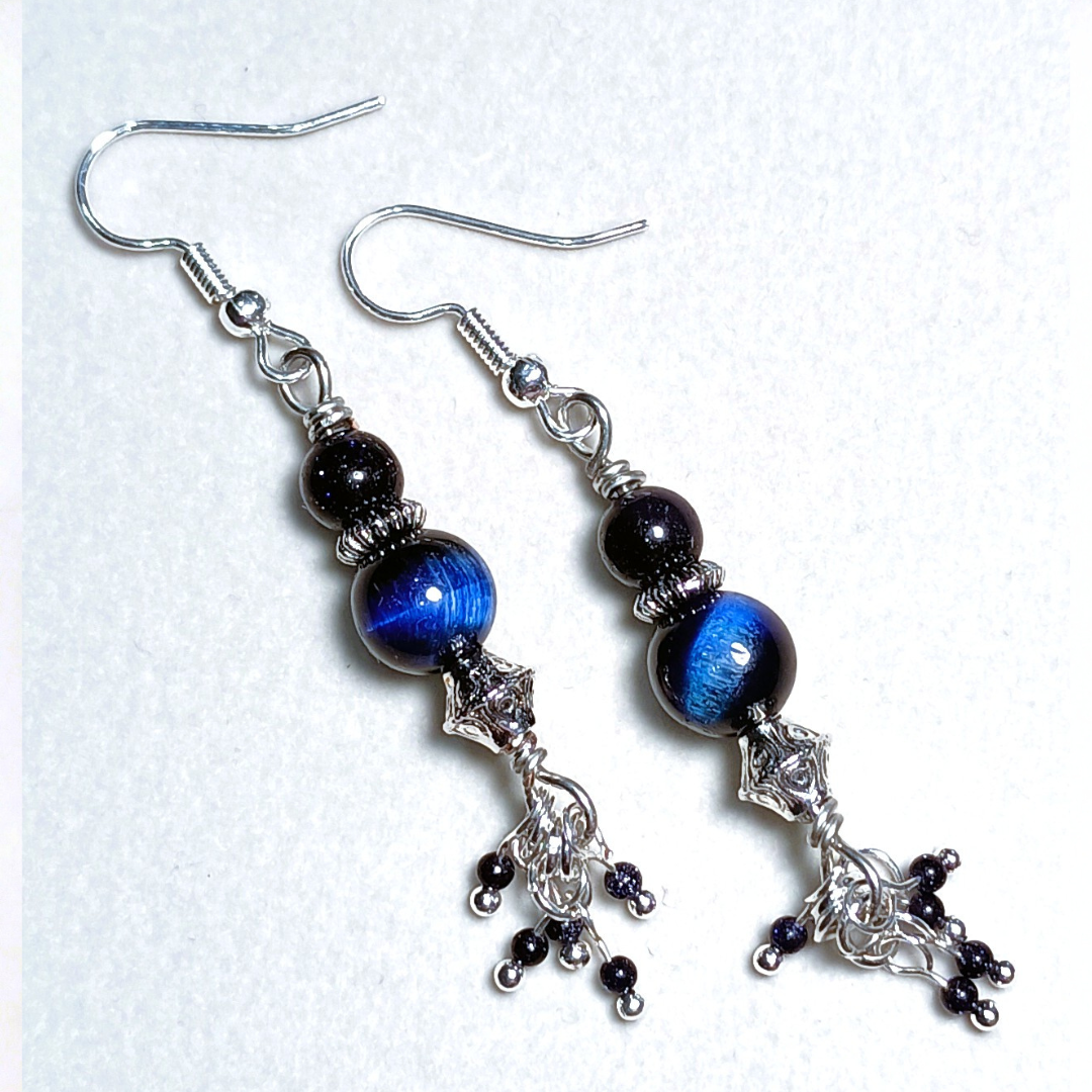 Midnight Blue Tiger Eye & Sparkly Blue Goldstone Handcrafted Silver-Toned Dangler Earrings, Flat