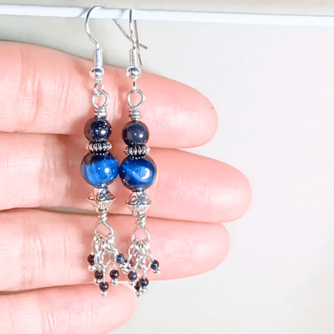 Midnight Blue Tiger Eye & Sparkly Blue Goldstone Handcrafted Silver-Toned Dangler Earrings, GIF