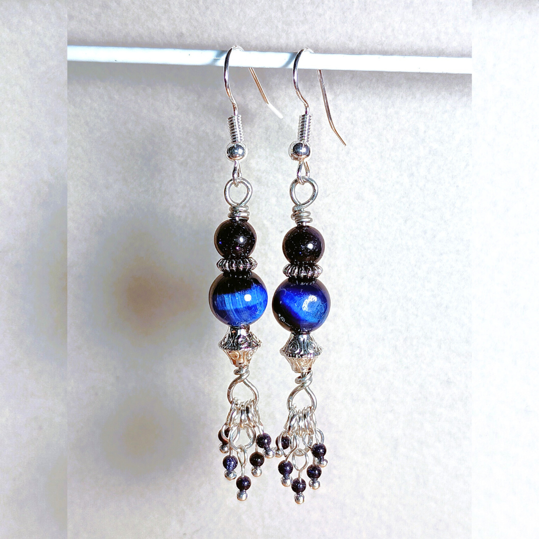 Midnight Blue Tiger Eye & Sparkly Blue Goldstone Handcrafted Silver-Toned Dangler Earrings, Hang