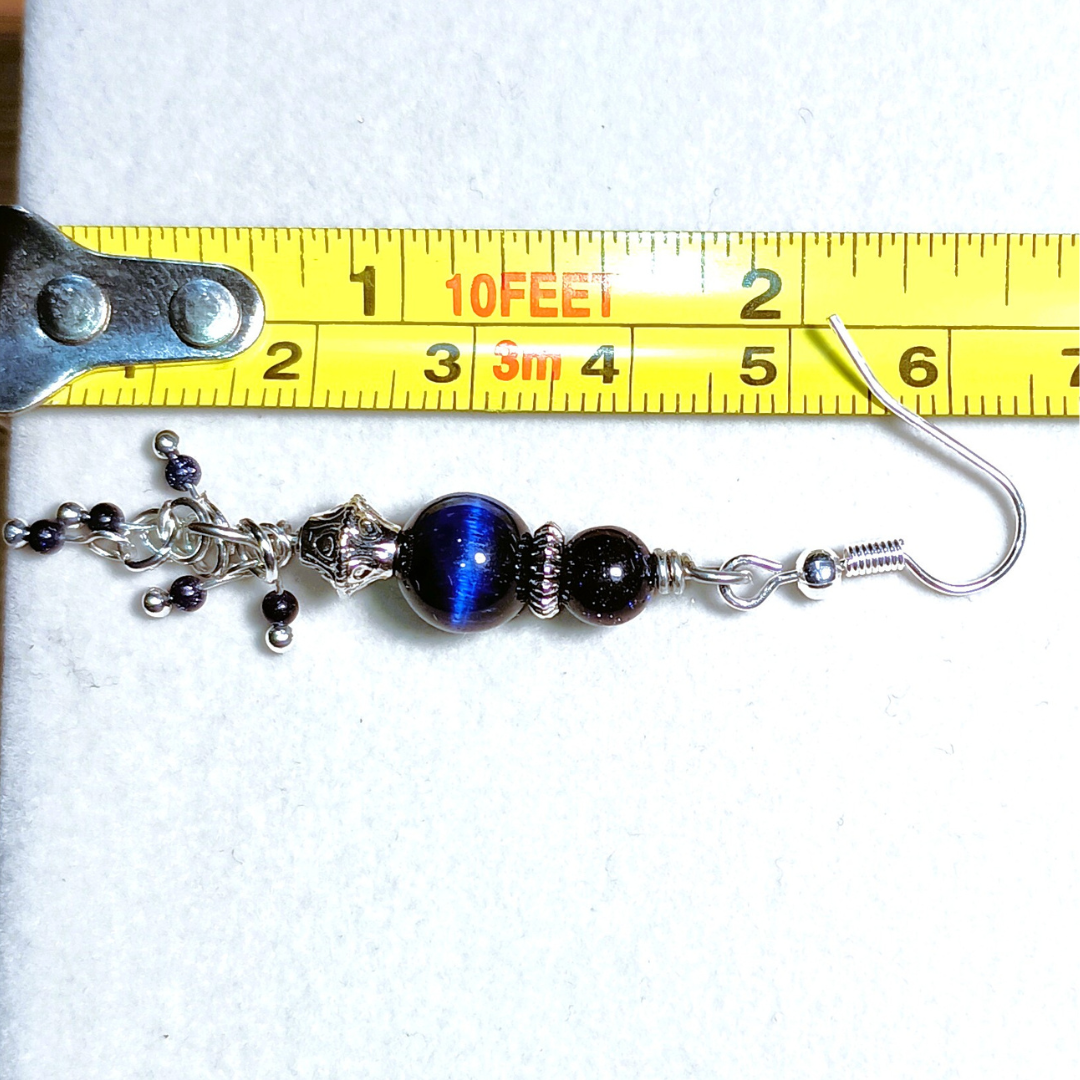 "Midnight Kiss" Blue Tiger Eye & Sparkly Blue Goldstone Handcrafted Silver-Toned Dangler Earrings - Image 4