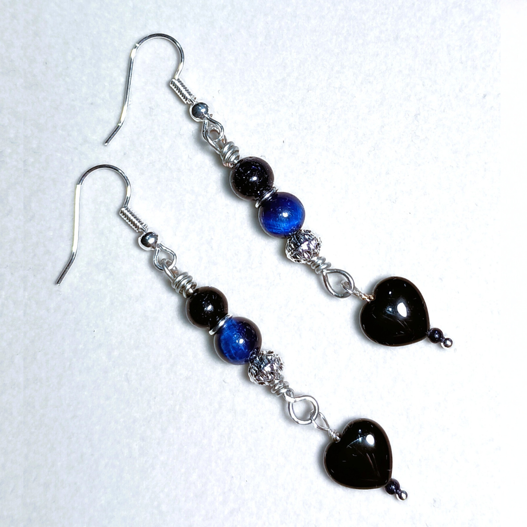 My Black and Blue Heart Midnight Blue Tiger Eye & Black Heart Danglers, Flat
