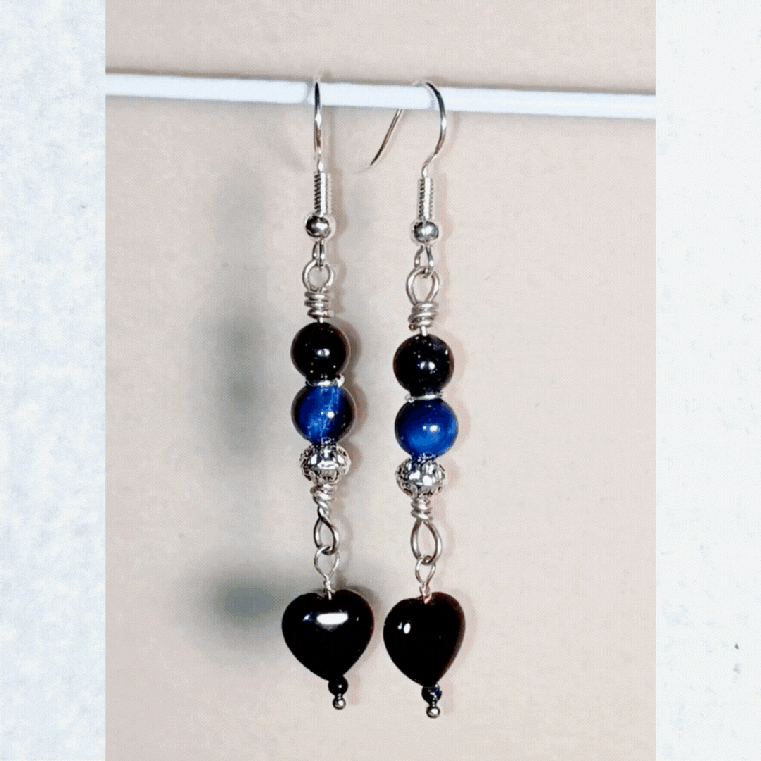 "My Black and Blue Heart" | Midnight Blue Tiger Eye & Black Heart Handcrafted Silver-Toned Dangler Earrings, GIF
