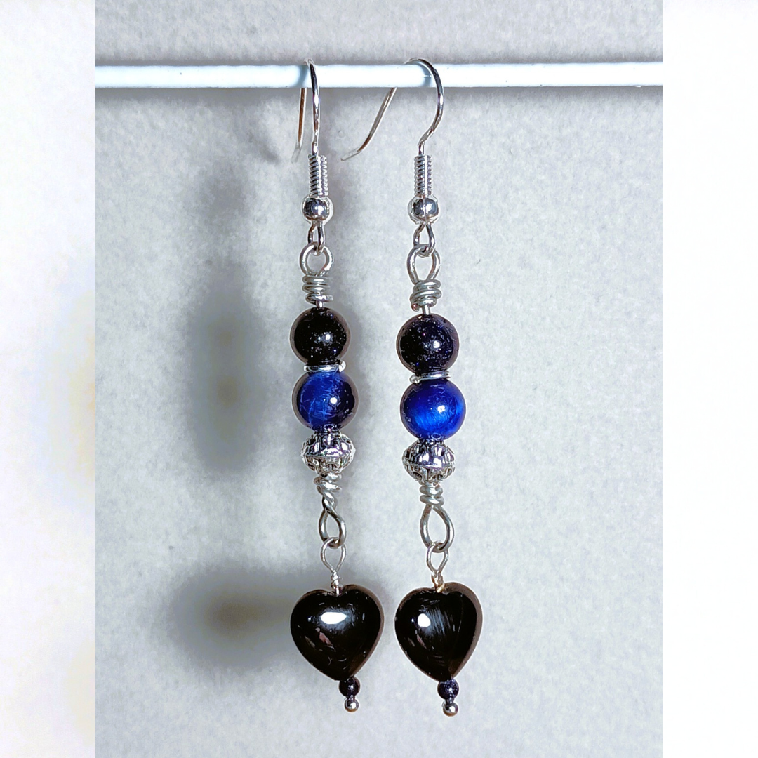 "My Black and Blue Heart" | Midnight Blue Tiger Eye & Black Heart Handcrafted Silver-Toned Dangler Earrings, Hang