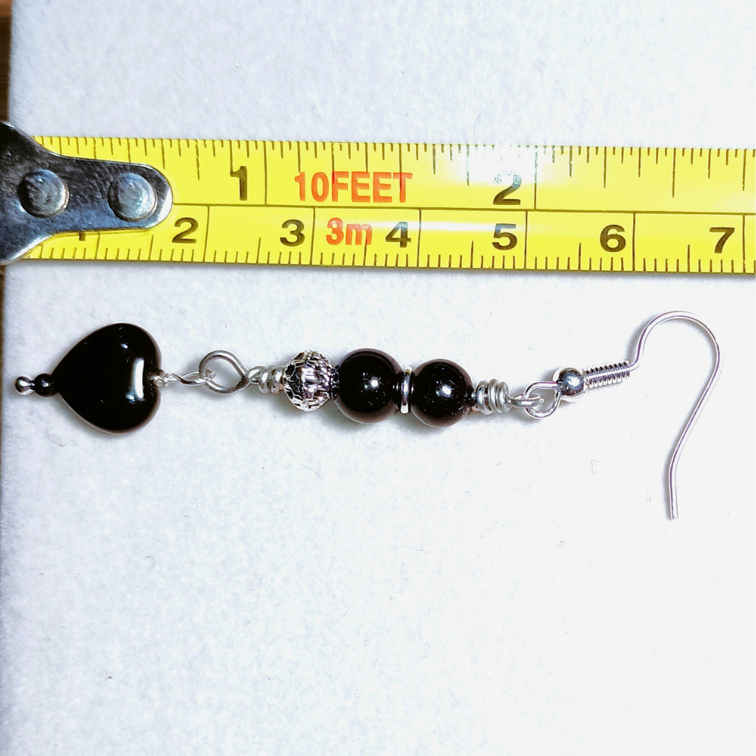 "My Black and Blue Heart" | Midnight Blue Tiger Eye & Black Heart Handcrafted Silver-Toned Dangler Earrings, Size