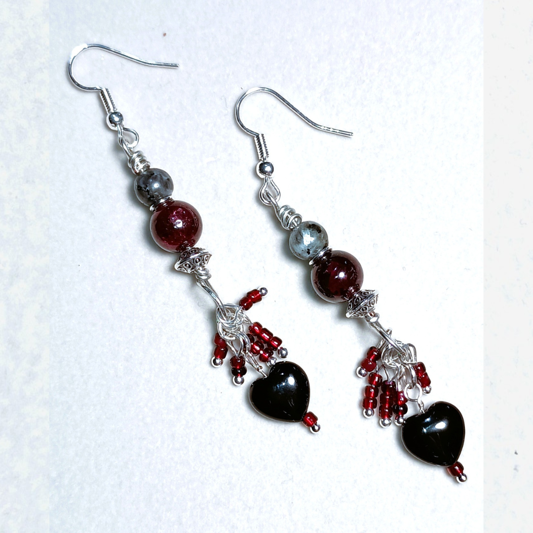 My Bleeding Heart Labradorite, Garnet & Black Heart Handcrafted Silver-Toned Dangler Earrings, Flat