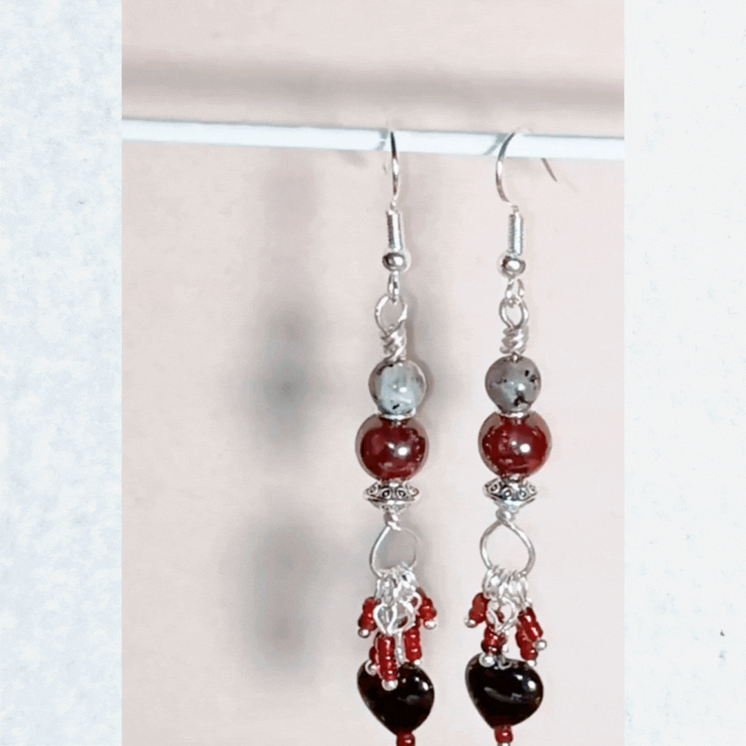 My Bleeding Heart Labradorite, Garnet & Black Heart Handcrafted Silver-Toned Dangler Earrings, GIF