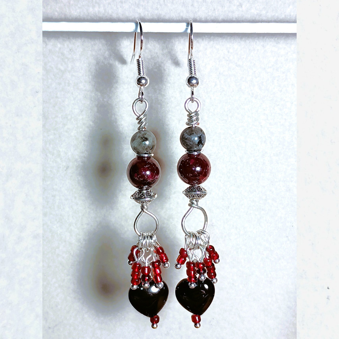 My Bleeding Heart Labradorite, Garnet & Black Heart Handcrafted Silver-Toned Dangler Earrings, Hang