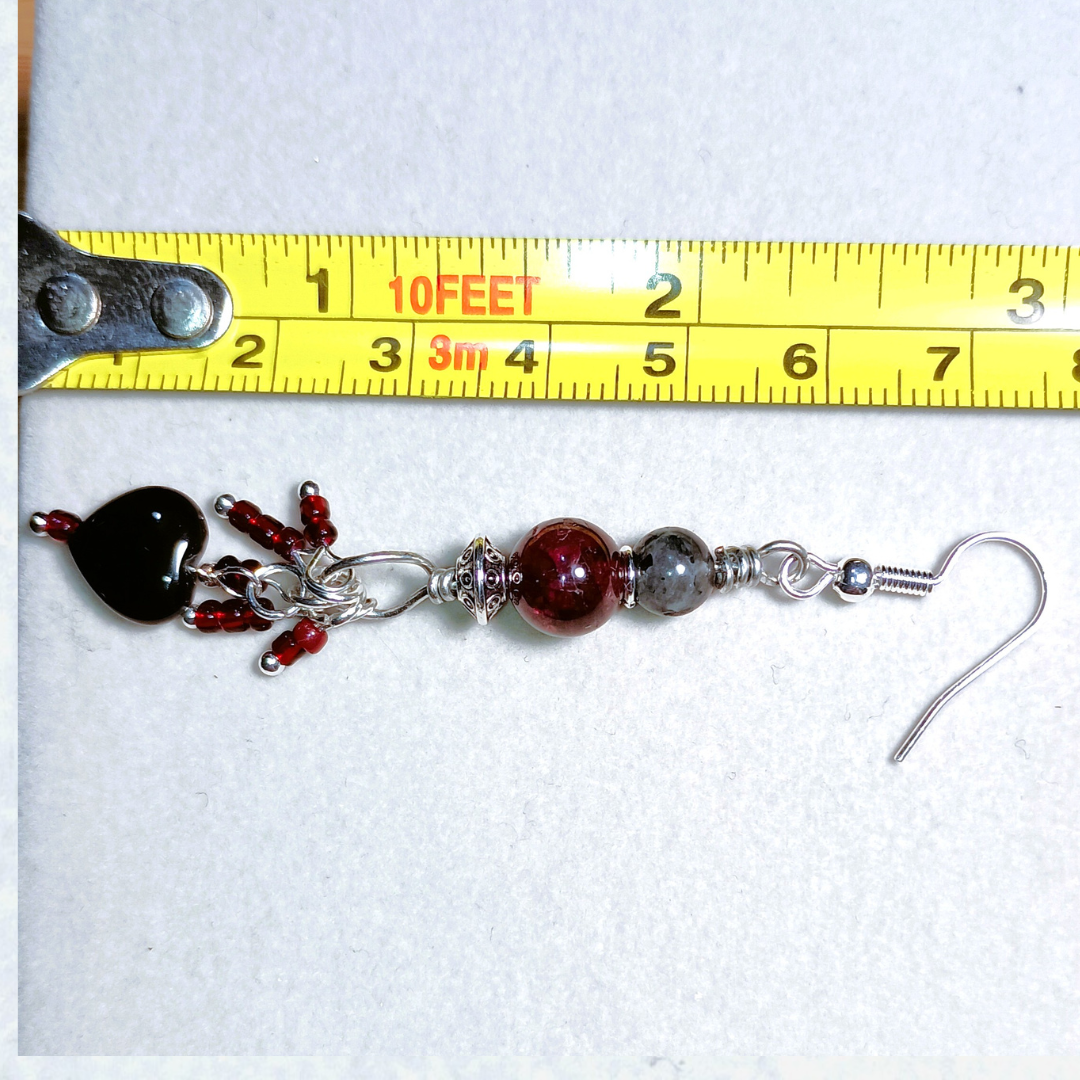 "My Bleeding Heart" | Labradorite, Garnet & Black Heart Handcrafted Silver-Toned Dangler Earrings - Image 4