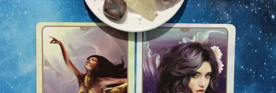 Build from the Heart: A Message From the Universe, 2 Oracle of the Mermaids cards and crystals on a starry blue background