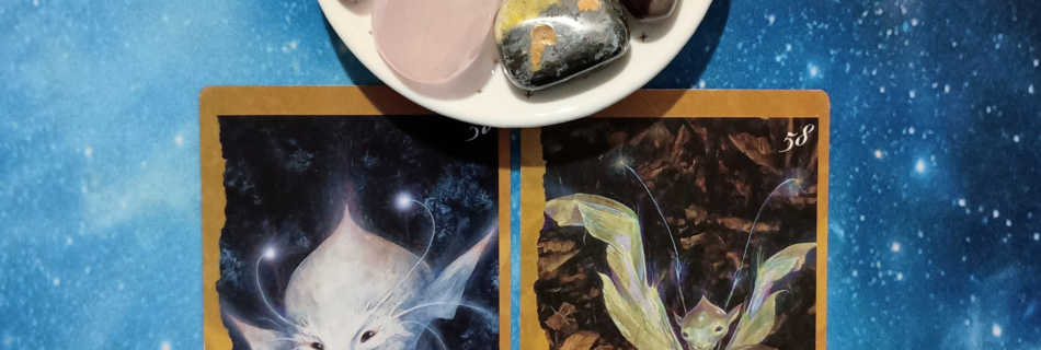 Speak Truth, but Stay Grounded: A Message From the Universe, 2 Faeries’ Oracle cards and crystals on a starry blue background