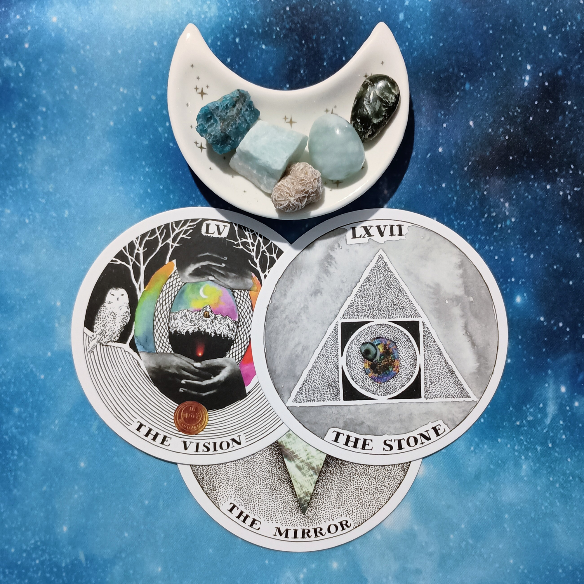 Your Vision & Your Doubt: A Message From the Universe, 2 Wild Unknow Archetype cards and crystals on a starry blue background