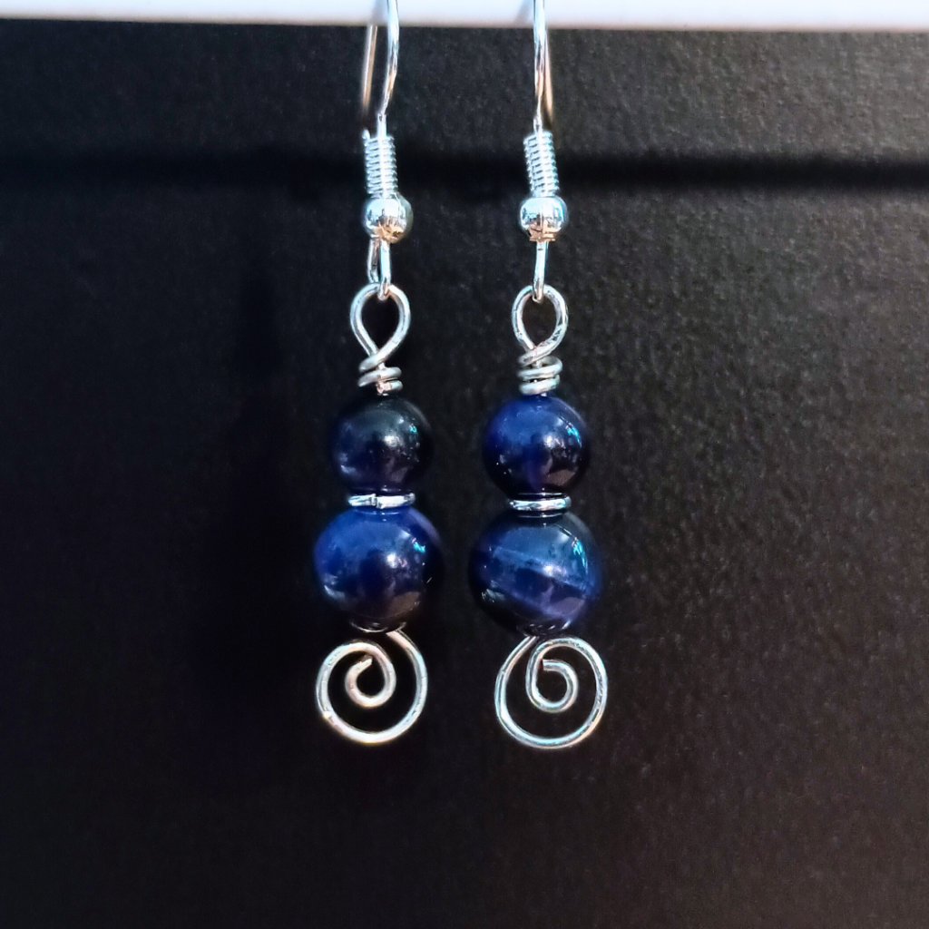 Starlit Journey | Handmade Celestial Midnight Blue Spiral Dangle Earrings, dangle earrings with deep blue beads and a spiral at the bottom